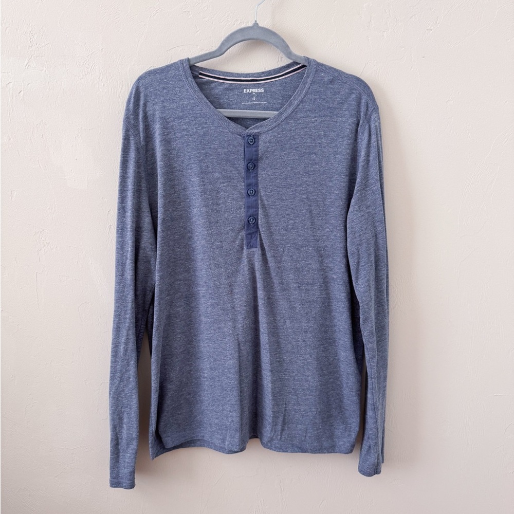 Express Blue Long Sleeve Henley Tee Relaxed Fit (L)